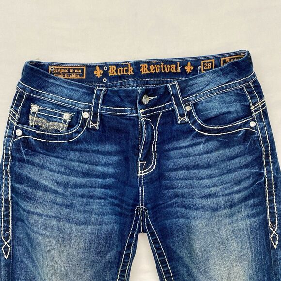 Rock Revival Straight Leg Low Rise Jeans Blue Bluebell Bling Y2K Womens 28 - Picture 4 of 13